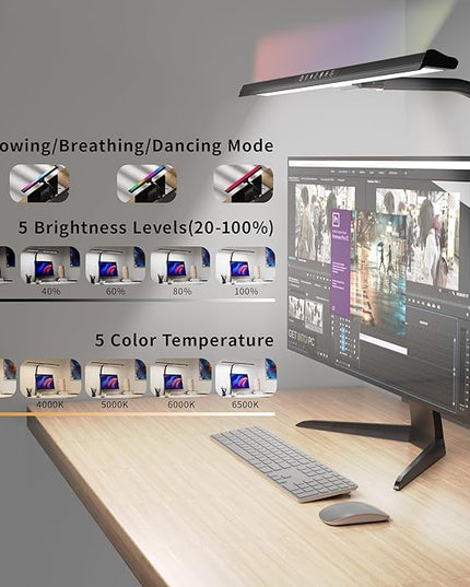 2-in-1 Desk Lamp with RGB Backlight,Architect Desk Lamps for Home Office,24W Tall Desk Lamp with Clamp,60"Timer,25 Lighting Modes,Eye Protection Swing Arm Lamp for Home/Office/Gaming/Study - LeafyLoom