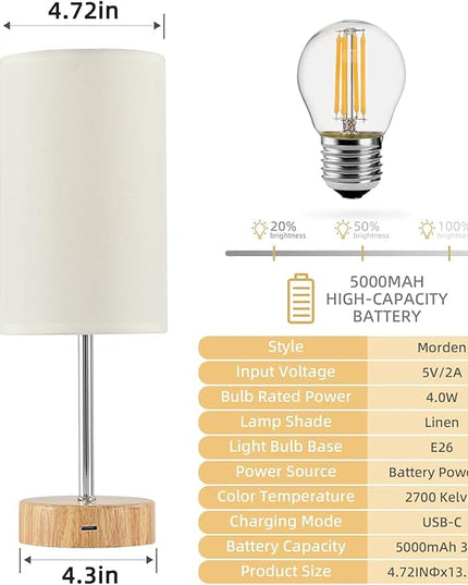 Cordless Table Lamp, Built-in 5000mAh Rechargeable Table Lamp Cordless, Stepless Dimmable Brightness Battery Powered Lamp, Wireless Lamp with Memory Function for Dining Room, Bedroom (wood) - LeafyLoom