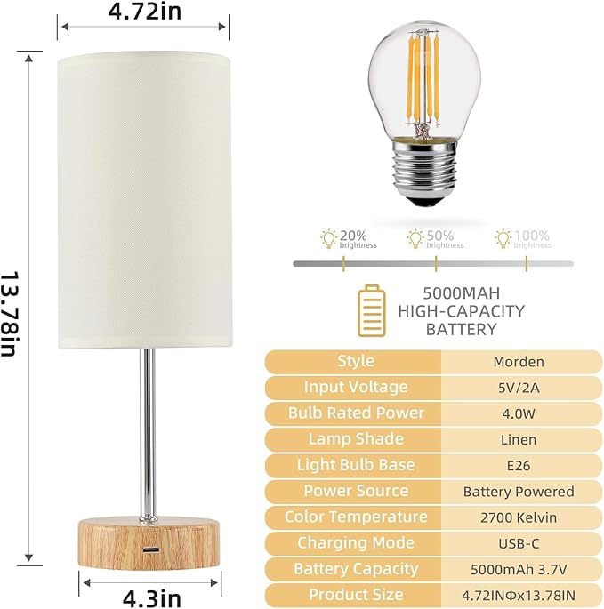 Cordless Table Lamp, Built-in 5000mAh Rechargeable Table Lamp Cordless, Stepless Dimmable Brightness Battery Powered Lamp, Wireless Lamp with Memory Function for Dining Room, Bedroom (wood) - LeafyLoom