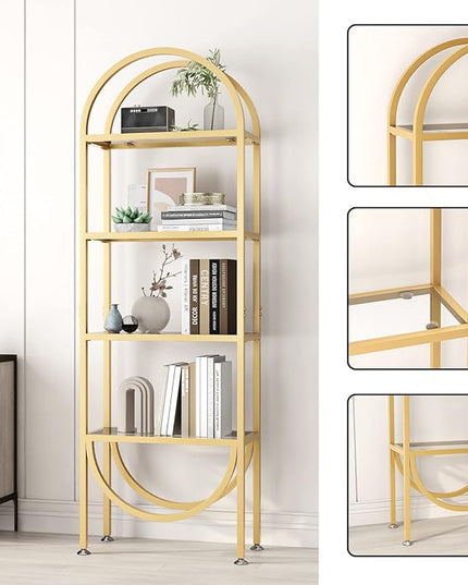 Freestanding Gold Bookshelves with Glass Shelves Storage, Modern Gold Bookcase with 4 Tier Glass Shelves, Gold Storage Organizer for Office, Living Room - LeafyLoom