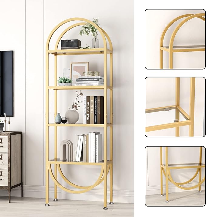 Freestanding Gold Bookshelves with Glass Shelves Storage, Modern Gold Bookcase with 4 Tier Glass Shelves, Gold Storage Organizer for Office, Living Room - LeafyLoom
