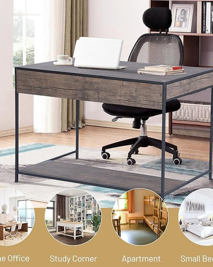 FurnitureR Vintage Wooden Computer Desk with Drawer, 43 Inches Industrial Writing Desk Workstation with Metal Legs and Bottom Shelf for Home Office, Brown - LeafyLoom