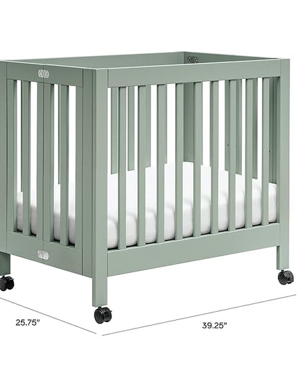 Babyletto Origami Mini Portable Crib Folding with Wheels in Light Sage, 2 Adjustable Mattress Positions, Greenguard Gold Certified - LeafyLoom