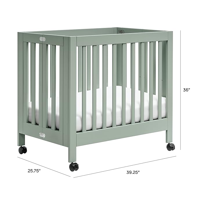 Babyletto Origami Mini Portable Crib Folding with Wheels in Light Sage, 2 Adjustable Mattress Positions, Greenguard Gold Certified - LeafyLoom