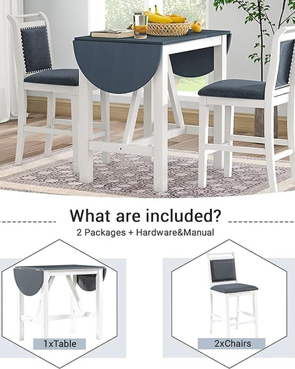Dining Room Table Set for 2, 3-Piece Wood Counter Height Dining Table Set with Drop Leaf and 2 Upholstered Dining Chairs for Small Place, White+Grey - LeafyLoom