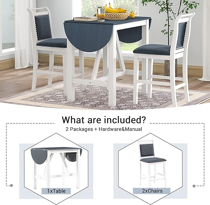 Dining Room Table Set for 2, 3-Piece Wood Counter Height Dining Table Set with Drop Leaf and 2 Upholstered Dining Chairs for Small Place, White+Grey - LeafyLoom