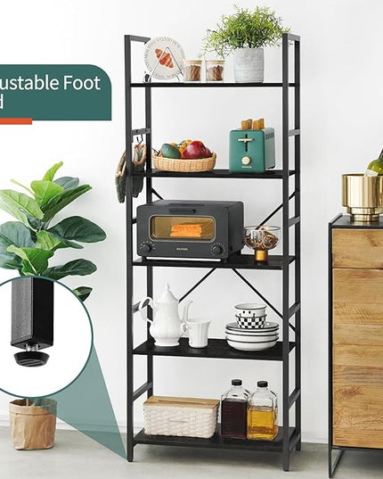 Yoobure 5 Tier Bookshelf - Tall Book Shelf Modern Bookcase for CDs/Movies/Books, Rustic Book Case Industrial Bookshelves Book Storage Organizer for Bedroom Home Office Living Room Black - LeafyLoom
