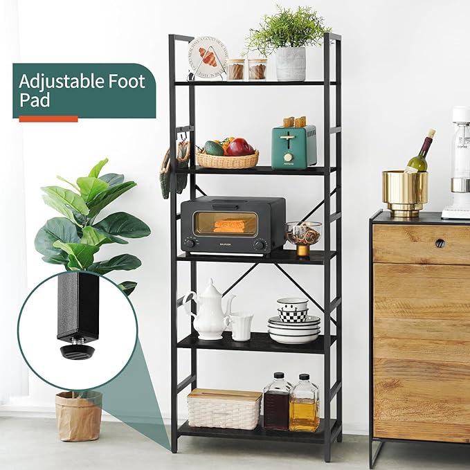 Yoobure 5 Tier Bookshelf - Tall Book Shelf Modern Bookcase for CDs/Movies/Books, Rustic Book Case Industrial Bookshelves Book Storage Organizer for Bedroom Home Office Living Room Black - LeafyLoom