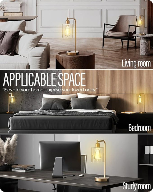Yarra-Decor【Upgraded Industrial Bedside Table Lamp Set of 2 3-Way Dimmable Lamps for Bedroom Modern USB Nightstand Lamp with Glass Shade Reading Table Lamps for Dorm, Office (LED Bulb Included) - LeafyLoom