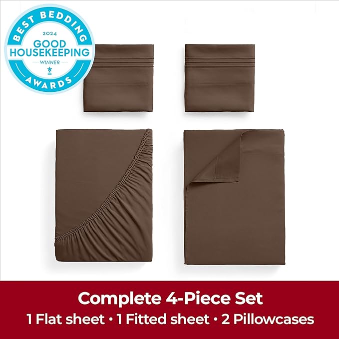 Mellanni Extra Deep Full Sheets - 4 PC Iconic Collection Bedding Sheets & Pillowcases - Hotel Luxury, Ultra Soft, Cooling Bed Sheets - Extra Deep Pocket up to 21 inch (Full, Brown) - LeafyLoom
