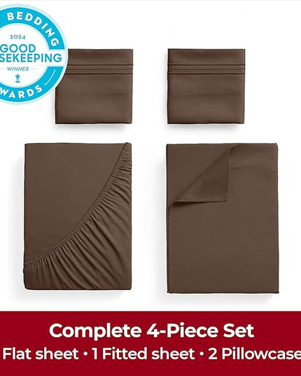 Mellanni Extra Deep California King Sheets - 4 PC Iconic Collection Bedding Sheets & Pillowcases - Hotel Luxury, Ultra Soft, Cooling Bed Sheets - Extra Deep Pocket up to 21 inch (Cal King, Brown) - LeafyLoom