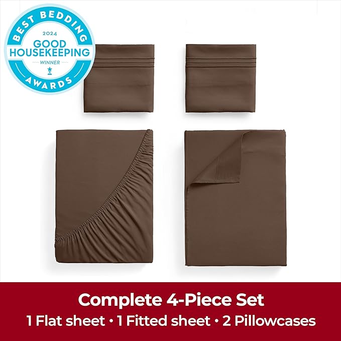 Mellanni Extra Deep California King Sheets - 4 PC Iconic Collection Bedding Sheets & Pillowcases - Hotel Luxury, Ultra Soft, Cooling Bed Sheets - Extra Deep Pocket up to 21 inch (Cal King, Brown) - LeafyLoom