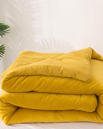 Wellboo Mustard Yellow Velvet Comforter Sets King Size Solid Fluffy Turmeric Yellow Bedding Comforters Plain Dark Yellow Sherpa Quilts Soft Warm Winter Flannel Plush Blanket Luxury Shaggy Crystal Bed - LeafyLoom