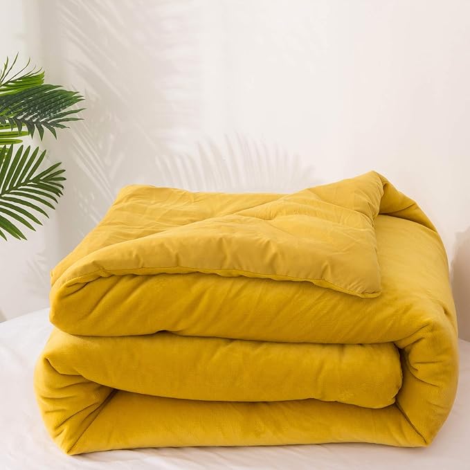 Wellboo Mustard Velvet Comforter Sets Queen Women Turmeric Yellow Fluffy Bedding Comforters Teen Girls Dark Yellow Plush Quilts Soft Warm Winter Flannel Blankets Solid Yellow Luxury Shaggy Crystal Bed - LeafyLoom