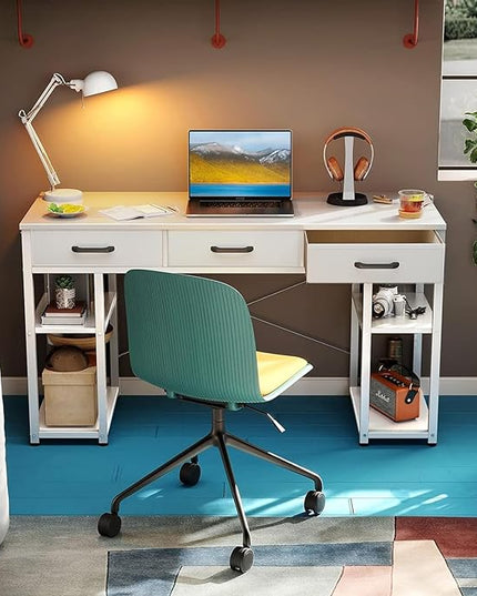ODK Office Small Computer Desk: Home Table with Fabric Drawers & Storage Shelves, Modern Writing Desk, White, 48"x16" - LeafyLoom