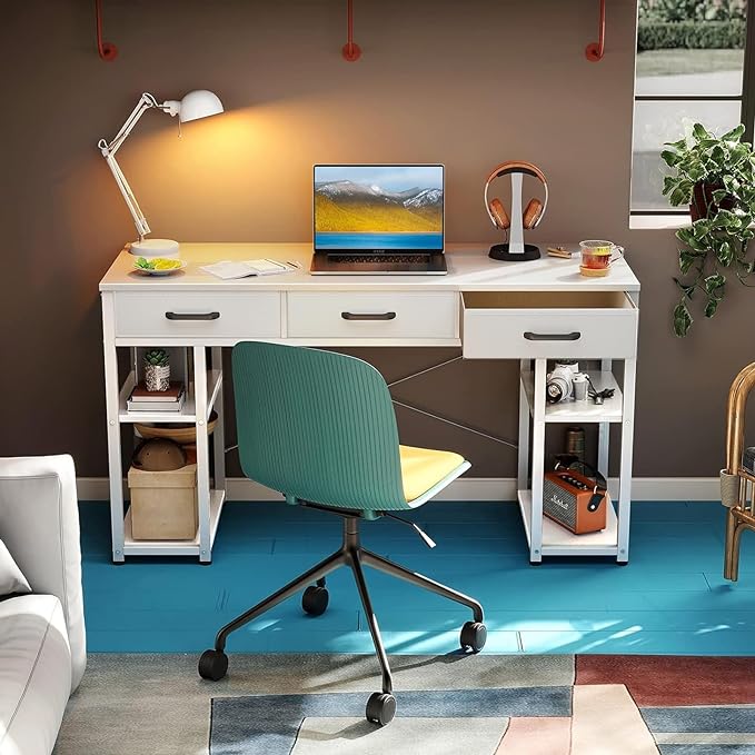 ODK Office Small Computer Desk: Home Table with Fabric Drawers & Storage Shelves, Modern Writing Desk, White, 48"x16" - LeafyLoom