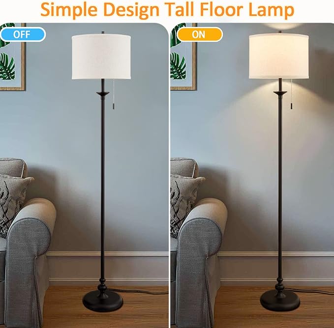 Luvkczc Modern Floor Lamp, 60" Standing Lamp for Living Room with Fabric Lamp Shade&Pull Chain, Corner Tall Reading Light for Bedroom, Office, Dining Room, Farmhouse (bulb included) Black - LeafyLoom