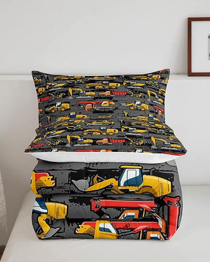 Boys Full Size Construction Comforter Set,Kids Tractor Comforter Yellow Trucks Car Bed Room Decor,Equipment Excavator Bedding Set Cartoon Vehicle Quilt Duvet Set Soft Lightweight Dark Grey 3 Pcs - LeafyLoom