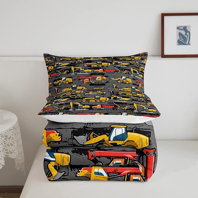 Tractor Comforter set Queen,Construction Bedding Comforter Bedroom Decor For Boys Kids Teens,Cartoon Excavator Truck Down Comforter Vehicle Cars Bed Set For All Season Yellow Dark Grey 2 Pillowcases - LeafyLoom