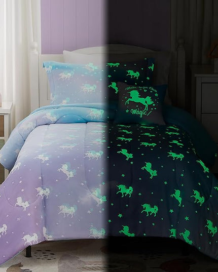 KALEIDOSPACE Kids Full Comforter Sets for Girls, Glow in The Dark Unicorn Full Size Bedding Sets -4 Pieces Lightweight Bed in A Bag - LeafyLoom