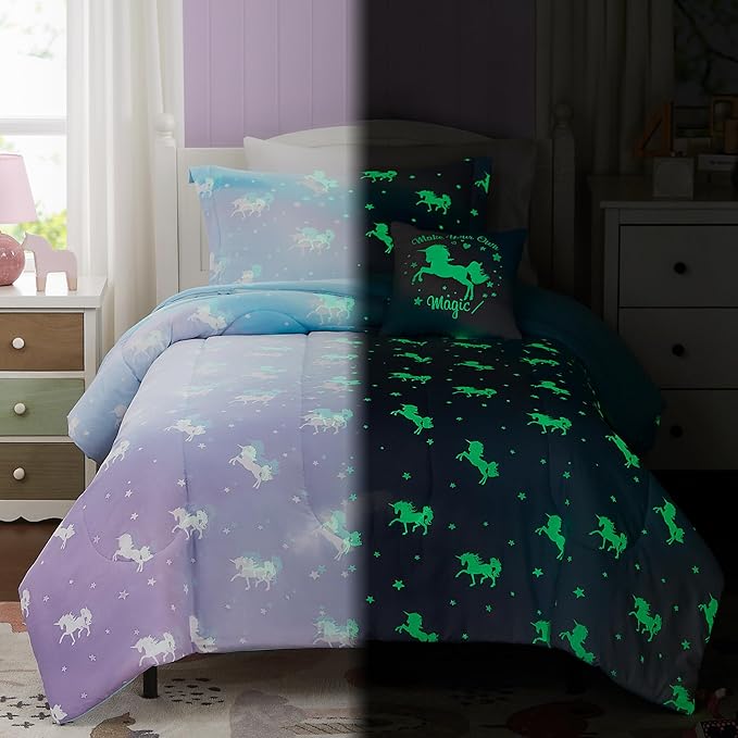 KALEIDOSPACE Kids Full Comforter Sets for Girls, Glow in The Dark Unicorn Full Size Bedding Sets -4 Pieces Lightweight Bed in A Bag - LeafyLoom