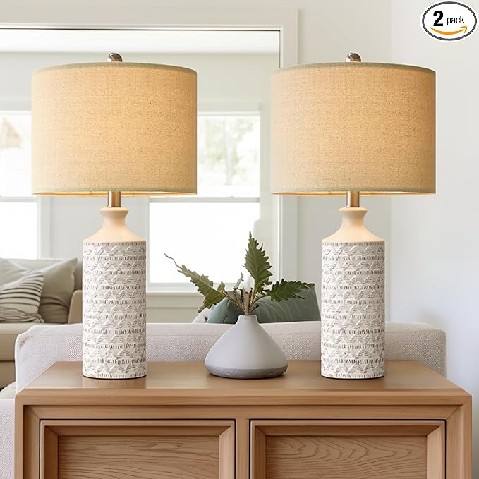 PoKat 24" Modern Contemporary Ceramic Lamp Set of 2 for Living Room White Desk Decor Lamps for Bedroom Farmhouse Bedside Nightstand End Table Lamps, White - LeafyLoom