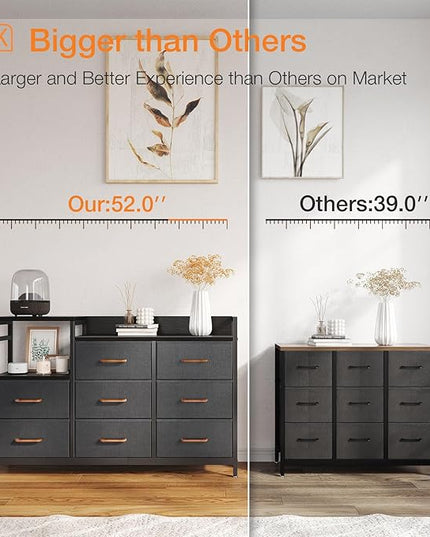 ODK Dresser with Charging Station, 52-Inch Long Dresser TV Stand for Bedroom, Large Dresser with 8 Storage Drawers, Chest of Drawers Easy-Pull Fabric Dressers for Living Room, Black and Dark Grey - LeafyLoom