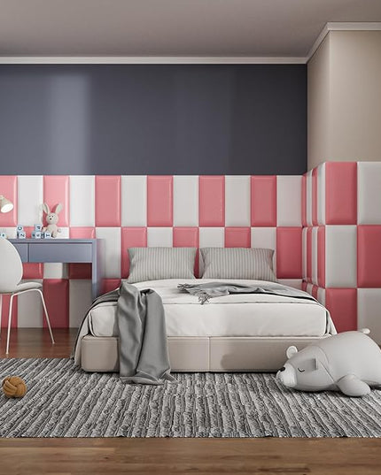 Peel and Stick Headboard Pink Upholstered Wall Panels, 4 Panels Sized 7.8" x 15.7", 3D Anti-Collision Soundproof Self-Adhesive Wall Panel for Bedroom，Living Room - LeafyLoom