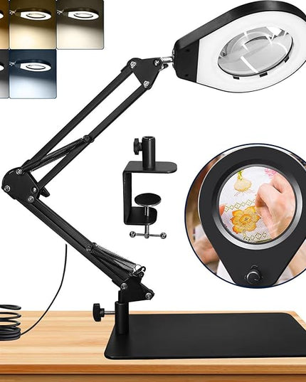 Magnifying Glass with Light and Stand & Desk Clamp, 4.2'' 5X Magnifier Lamp, 5-Color Dimmable LED, Swing Arm Magnifying Desk Lamp for Close Work, Crafting, Workbench & Reading - Rectangle Base - LeafyLoom