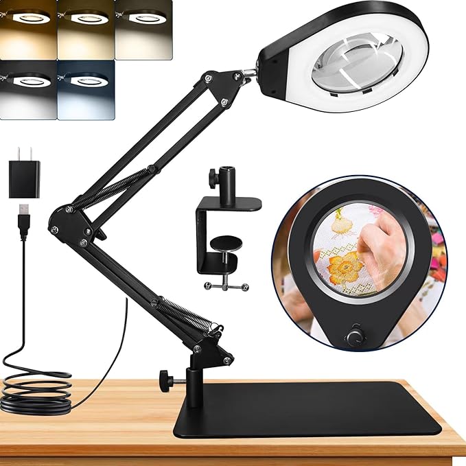 Magnifying Glass with Light and Stand & Desk Clamp, 4.2'' 5X Magnifier Lamp, 5-Color Dimmable LED, Swing Arm Magnifying Desk Lamp for Close Work, Crafting, Workbench & Reading - Rectangle Base - LeafyLoom