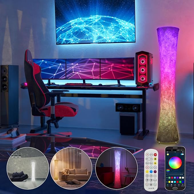 Floor Lamp, RGB Dimmable Color Changing LED Lamp with Alexa APP Remote Control, Morden Standing Lamp White Fabric Shade for Living Room Game Room Bedroom - LeafyLoom