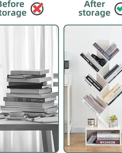Yoobure Tree Bookshelf - 6 Shelf Retro Floor Standing Bookcase, Tall Wood Book Storage Rack for CDs/Movies/Books, Utility Book Organizer Shelves for Bedroom, Living Room, Home Office, White - LeafyLoom