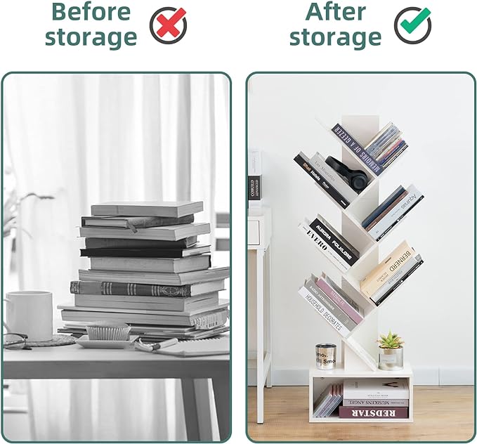 Yoobure Tree Bookshelf - 6 Shelf Retro Floor Standing Bookcase, Tall Wood Book Storage Rack for CDs/Movies/Books, Utility Book Organizer Shelves for Bedroom, Living Room, Home Office, White - LeafyLoom