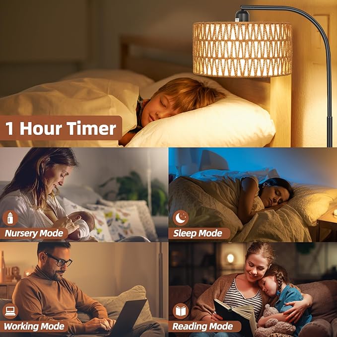 Rattan Floor Lamps for Living Room, Boho Standing Lamps with Rattan& Linen Double Shades, Arc Lamps Floor Standing with 9W Bulb, Foot Switch, Bohemian Floor Lamps for Bedroom, Office - LeafyLoom