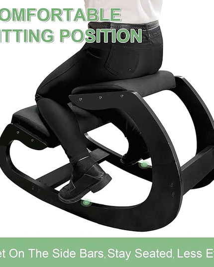 Predawn Ergonomic Kneeling Chair,Rocking Knee Chair Upright Posture Chair for Home Office Meditation Wooden & Linen Cushion-Office Chair for Back Neck Pain Relief & Improving Posture (Black) - LeafyLoom