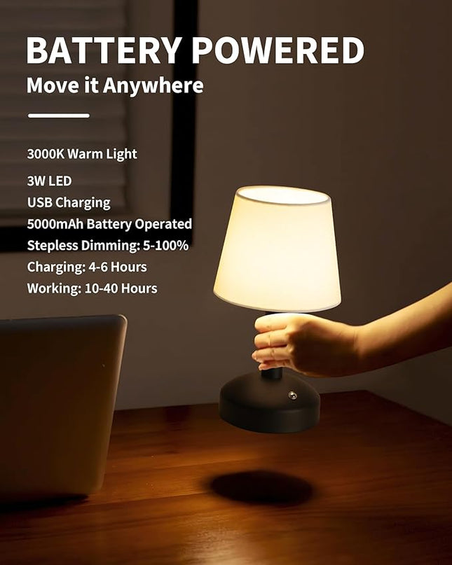 KDG Modern Cordless Small Table Lamp, Portable LED Fabric Shade Desk Lamps, 5000mAh Rechargeable Battery Operated Lighting for Bedroom, Bedside, Bar, Living Room, Dining Room, Night Light(Black) - LeafyLoom
