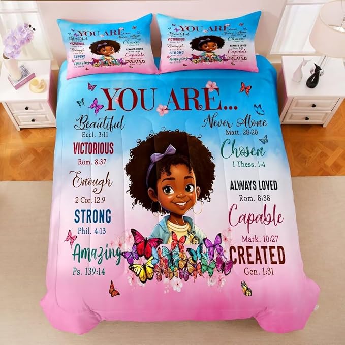 Black Girl Comforter Set Full for Kids Teens,God Says You are Comforter Set for Black Women,Black Girl Magic Bedding Set,African American Girl Bed Bedroom Set - LeafyLoom