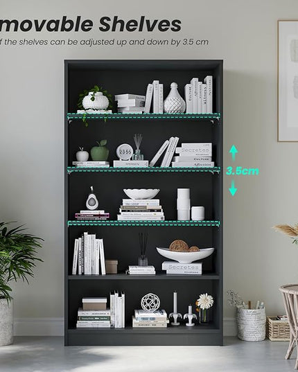 Farini 5 shelf boockase Display Bookcase Freestanding Wooden Bookshelves for Home Office Living Room,60 Inch Height,Black - LeafyLoom