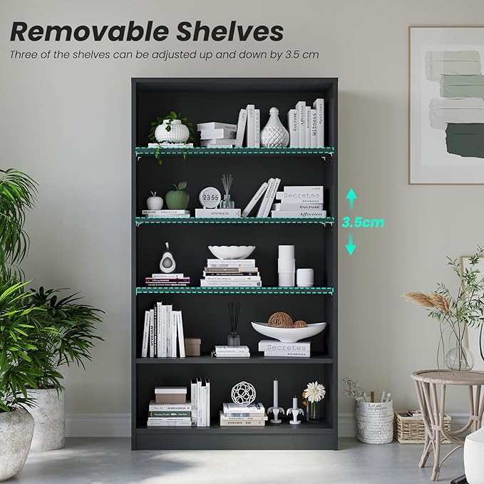 Farini 5 shelf boockase Display Bookcase Freestanding Wooden Bookshelves for Home Office Living Room,60 Inch Height,Black - LeafyLoom