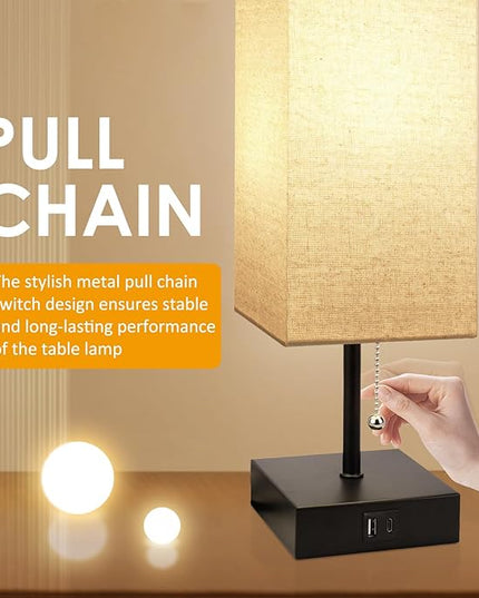 Bedside Lamp for Bedroom with USB Port, Beige Table Lmp with USB C + A Charging Ports, Pull Chain Nightstand Lamp with Fabric Shade for Living Room, Dorm, Home Office (LED Bulb Included) - LeafyLoom