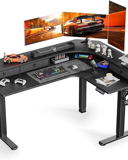 ErGear 65″ L Shaped Gaming Desk with 3 Drawers, Standing Desk Height Adjustable w/Monitor Shelf [C-Clamp Mount Compatible], Corner Stand up Desk w/Cable Management Trays for Home Office, Black - LeafyLoom
