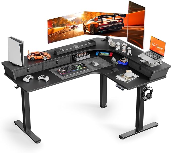 ErGear 65″ L Shaped Gaming Desk with 3 Drawers, Standing Desk Height Adjustable w/Monitor Shelf [C-Clamp Mount Compatible], Corner Stand up Desk w/Cable Management Trays for Home Office, Black - LeafyLoom