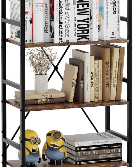 5-Tier Bookshelf, 24 Inch Width Industrial Arched Bookcase, Vintage Storage Rack with Open Shelves, Free Standing Shelf for Home Office, Living Room,Bedroom, Rustic Brown - LeafyLoom