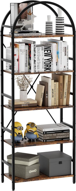 5-Tier Bookshelf, 24 Inch Width Industrial Arched Bookcase, Vintage Storage Rack with Open Shelves, Free Standing Shelf for Home Office, Living Room,Bedroom, Rustic Brown - LeafyLoom