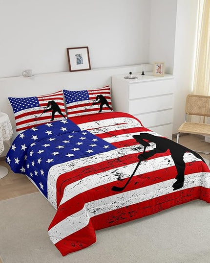 Erosebridal American Flag Comforter Set Twin, Hockey Bedding Set United States Sports Games Down Comforter for Kids Boys Teens Bedroom, Red White Geometric Stripes Duvet Sets with 1 Pillowcase - LeafyLoom