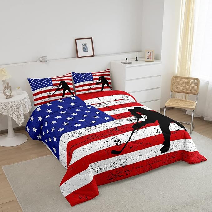 Erosebridal American Flag Comforter Set Twin, Hockey Bedding Set United States Sports Games Down Comforter for Kids Boys Teens Bedroom, Red White Geometric Stripes Duvet Sets with 1 Pillowcase - LeafyLoom