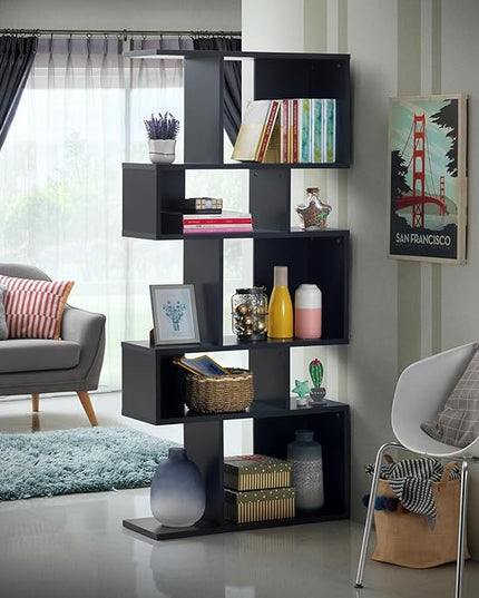 Giantex 5-Tier Geometric Bookshelf Black Set of 2, 70'' Tall Wood Freestanding Decorative Display Open Shelves with Anti-Tipping Device, Each Shelf Holds up to 44 lbs, Wooden S Shaped Bookcase - LeafyLoom