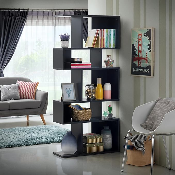Giantex 5-Tier Geometric Bookshelf Black Set of 2, 70'' Tall Wood Freestanding Decorative Display Open Shelves with Anti-Tipping Device, Each Shelf Holds up to 44 lbs, Wooden S Shaped Bookcase - LeafyLoom