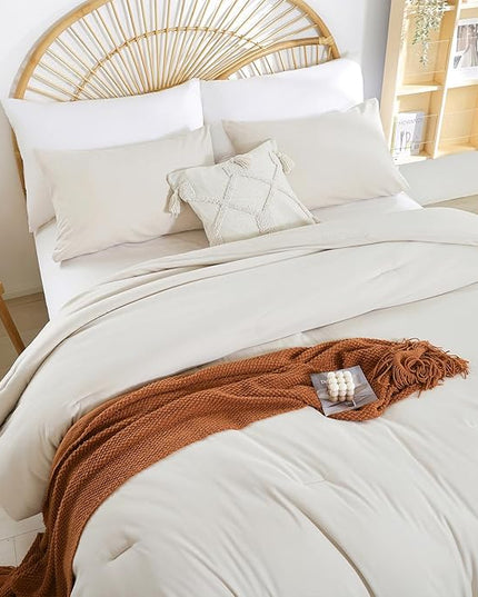 Beige Comforter Set Twin Boho Cream Twin Comforter with 1 Pillowcases - Soft Lightweight Cozy Bedding Set for All Season - Beige Comforter Twin Size for Women Teens Kids - LeafyLoom