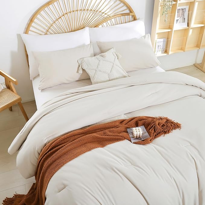 Full Size Comforter Modern Beige 3PCS Microfiber Full Size Comforter Sets for All Season Comforter for Men, Women and Girls Soft Lightweight Bed Comforter Set (1 Comforter, 2 Pillowcases) - LeafyLoom